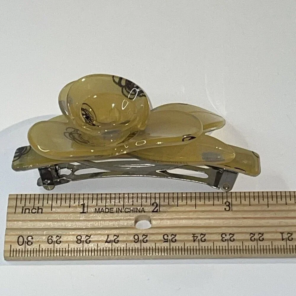Hair Clip Barrette Handmade In Paris‎ France 3D Flower Cream & Black Vintage